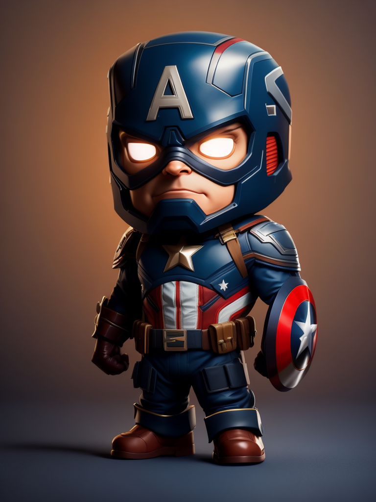Hyperrealistic Captain America in Chibi Art style. Cute, Isometric view, 4k, Colourful, Cinematic, zoomed out, full body shot, big head, Neutral Neon Background.