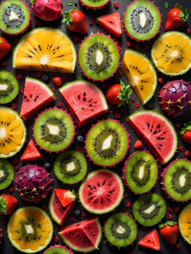 Colorful sliced fruit pieces, top view, watermelon, dragon fruit, kiwi, strawberry
