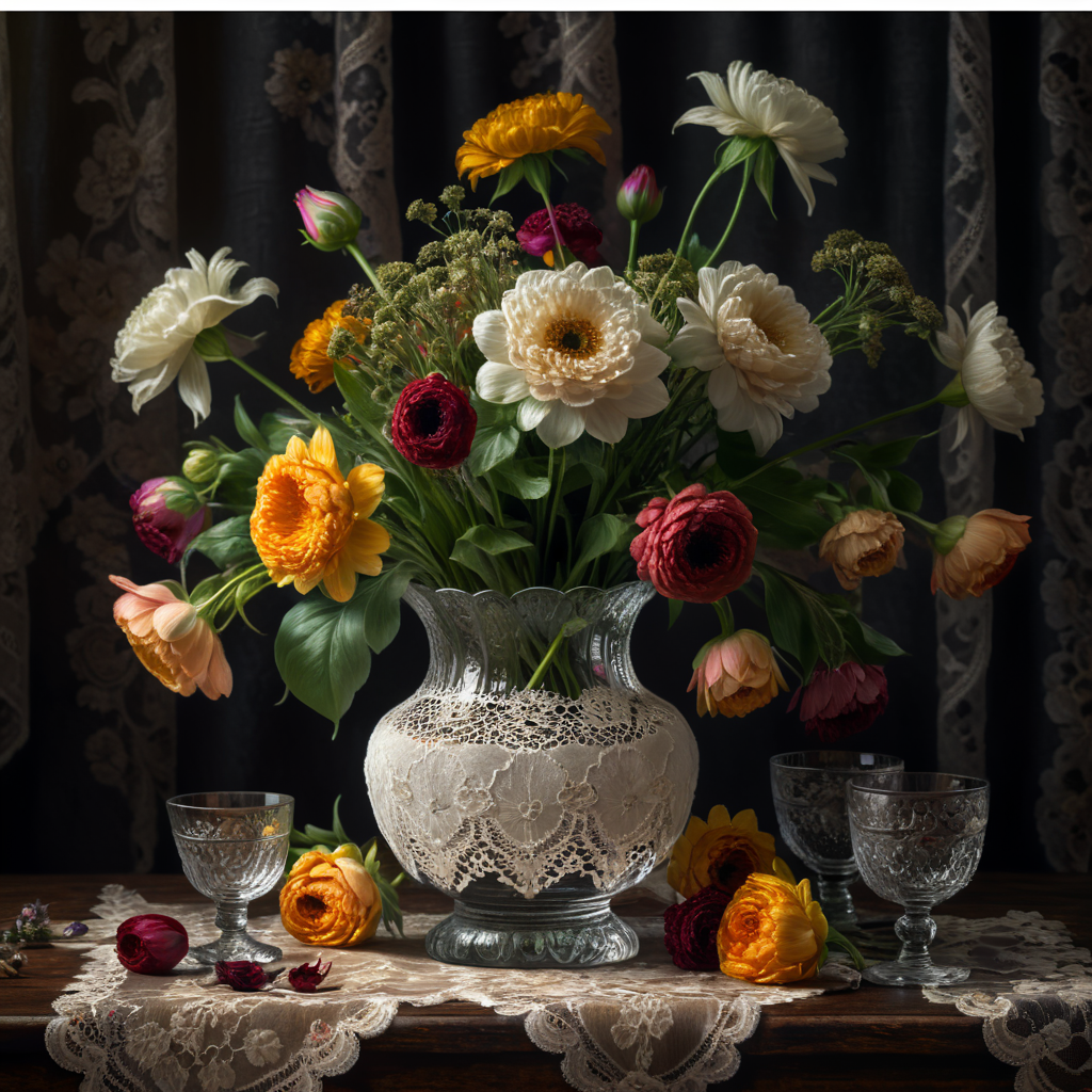 Flowers in a glass vase + on an old table + lace tablecloth