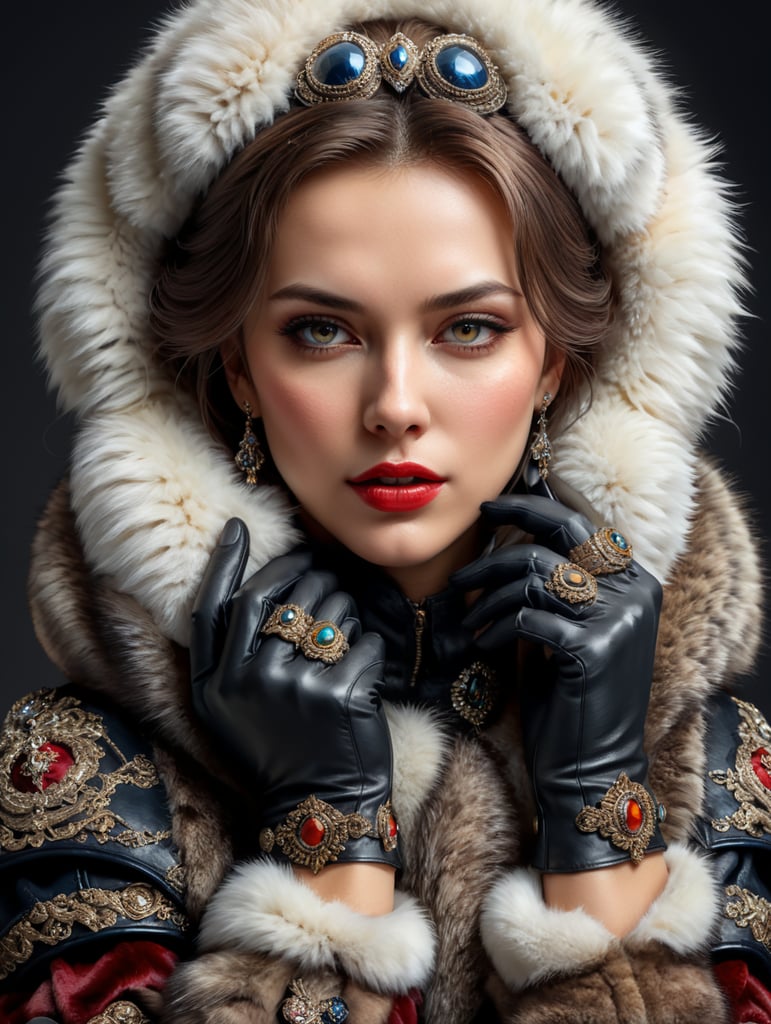 woman wearing fur gloves clip artwork, hand drawing style, white background, high quality