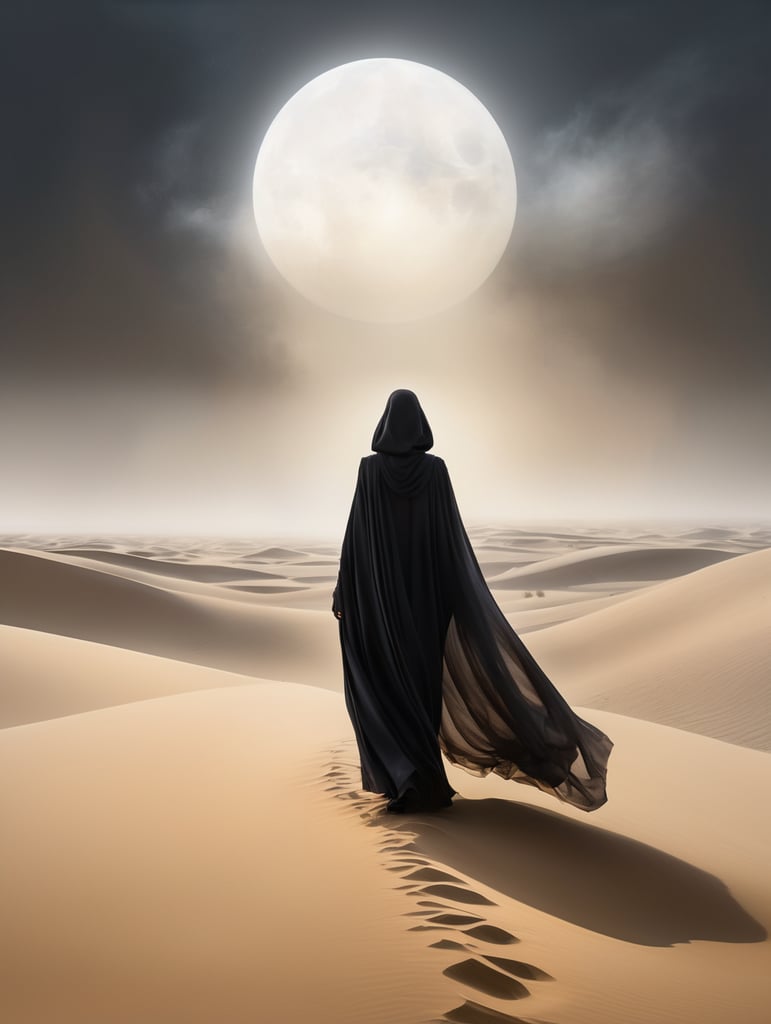 view from behind(((ethereal misty black cloaked woman figure))), clad in dark tones, advancing through a (((dunescape))) under a (rising moon), with (vast, smoldering sand dunes) reflecting an otherworldly light around its surroundings, abstract art