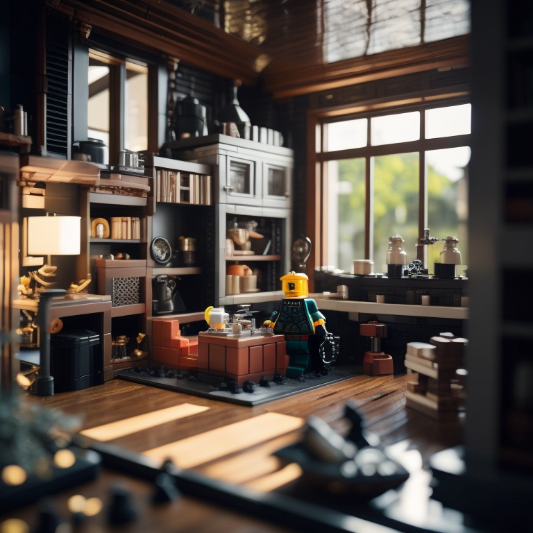 interior made with loth of small detail of a lego, professional photo, realistic, deep focus