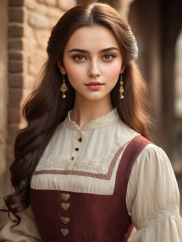 Georgian era twenty year old pretty girl with sharp exquisite bright dark eyes, chestnut hair, natural look, highly detailed, saturated colors, attractive, heart shaped small face, high cheekbones