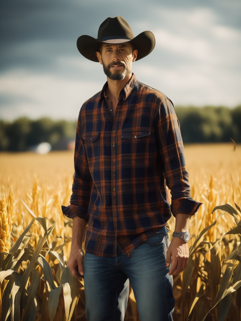 Portrait of a farmer in front of a field with corn, a plaid shirt, denim pants with straps, a hat, Depth of field, Incredibly high detailed
