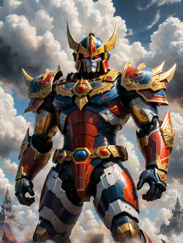 Goldorak standing in battle pose on white background with details of clouds in the background, anime style