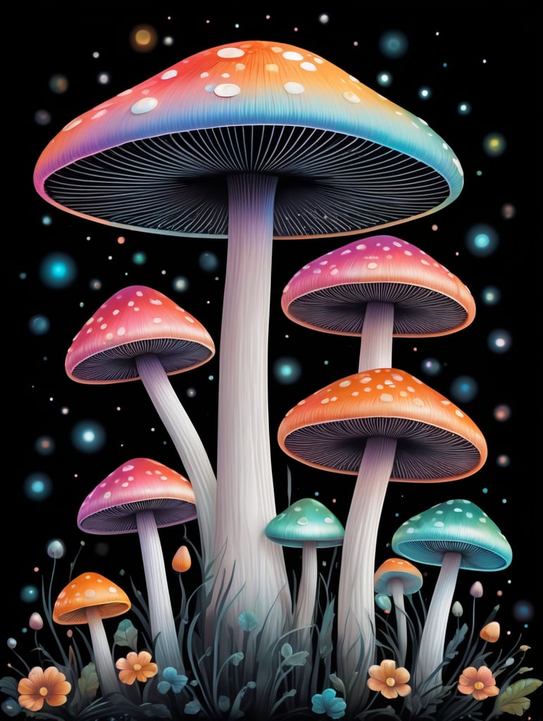 mushroom close-up on a black background, hologram, front view, design, in the style of naive art, pastel colors, vector graphics, bokeh, digital painting, soft lighting, black background