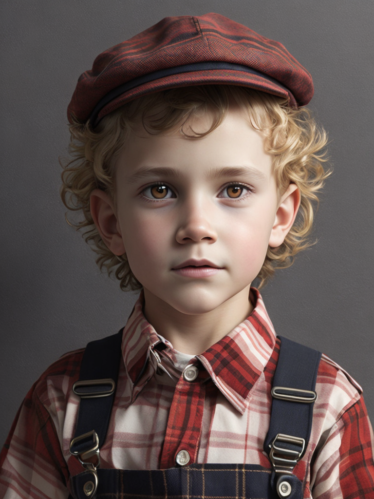 Young boy wearing a newsboys flat cap, curly blonde hair, deep amber eyes, overalls, red and white plaid button up shirt, hyper realistic, photorealism,