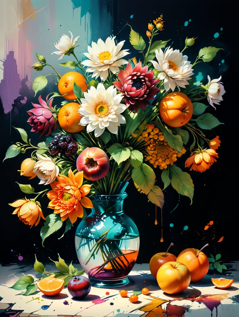 Craft a hyper-realistic still life painting showcasing a bouquet of exquisite flowers and fruits
