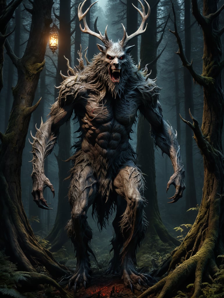 Horror movie creature, wendigo, dark forest background