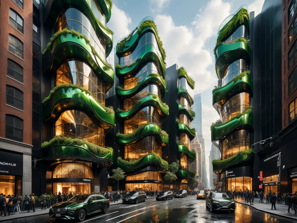 dream prompt: wide viewing angle of a green palette hyper realistic futuristic neocosmic luxury exterior architecture of a complex lines Fluid facade of a complex in a shape of waves spectrum, Agnes Cecile style, dramatic ambience, in new york city, smoke green ::1 gold::2 glass:3, hyper detailed, light studio, camera nikon, 8k, --s1000 --style raw