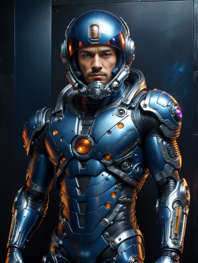 man wearing futuristic spaceman overall, looking at camera, cyber punk, middle shot, black steel wall at background, by Saturno Butto, dark blue tones