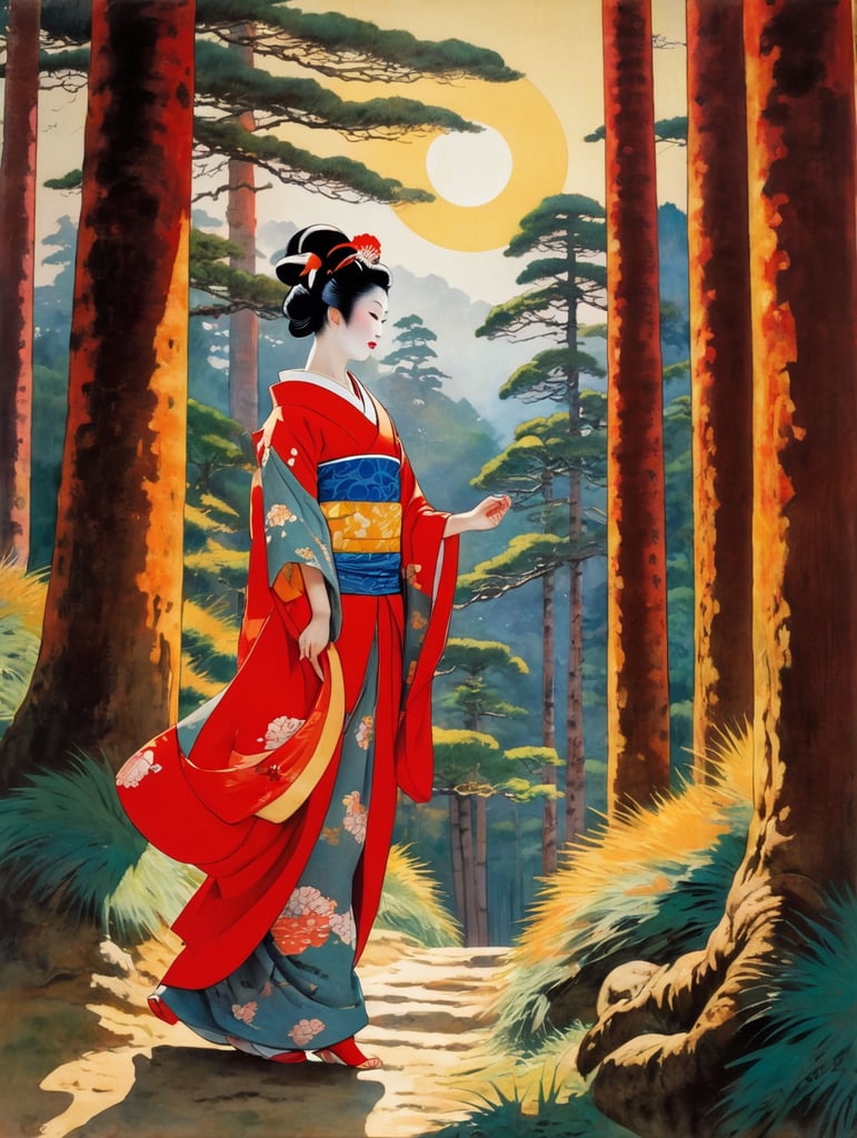 Painting of a geisha with european features entering a japanese pine forest, by range murata, a big red sun in the background, stunning, matted, paul gauguin, van gogh
