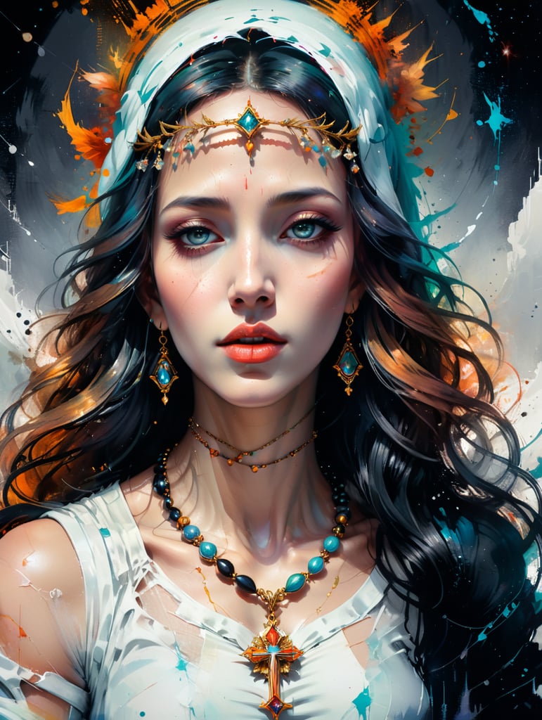 virgin mary holding a roseary necklace in the sky, black and white