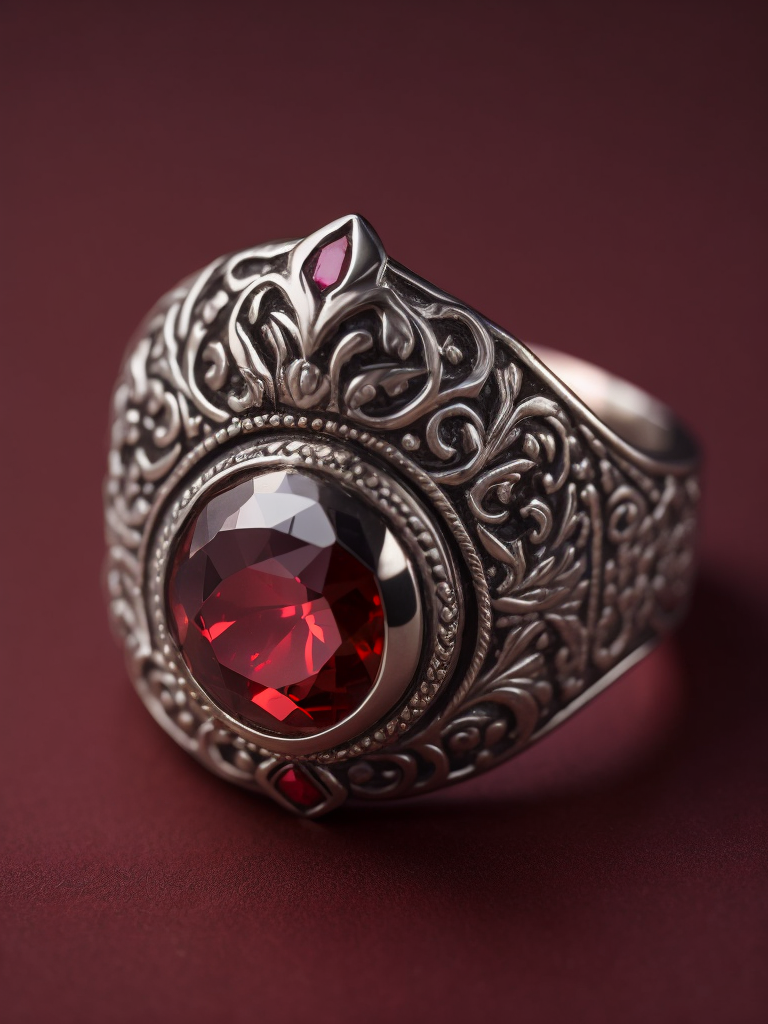 Royal silver ring with ruby, fantasy style, bright red background, rich colors, contrasting light, deep colors, high details