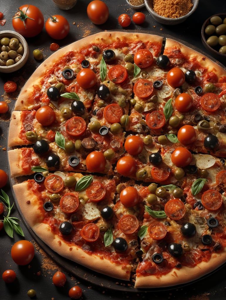 high quality cinematic food explosion, pizza integral de tomates asados y oliva