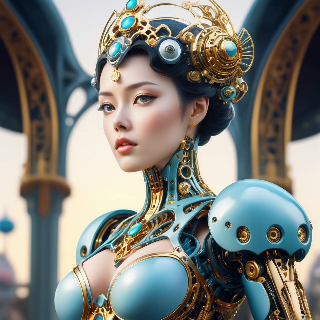 A female robot with an art Nouveau cyberpunk aesthetic, body is made from a delicate mechanical ornamental exterior reminiscent of a delicate gleaming porcelain and gold trimmed filigree should reveal a hollow see through body, hyper-surrealistic detailed 3d rendering digital art style, background galaxy sky