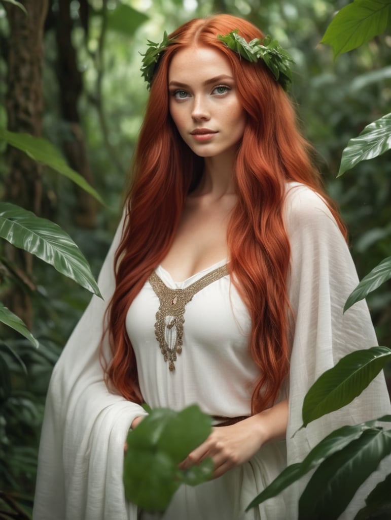 Beautiful, cute young European woman with a roundish face with long flowing red hair wearing a white loincloth in jungle setting.