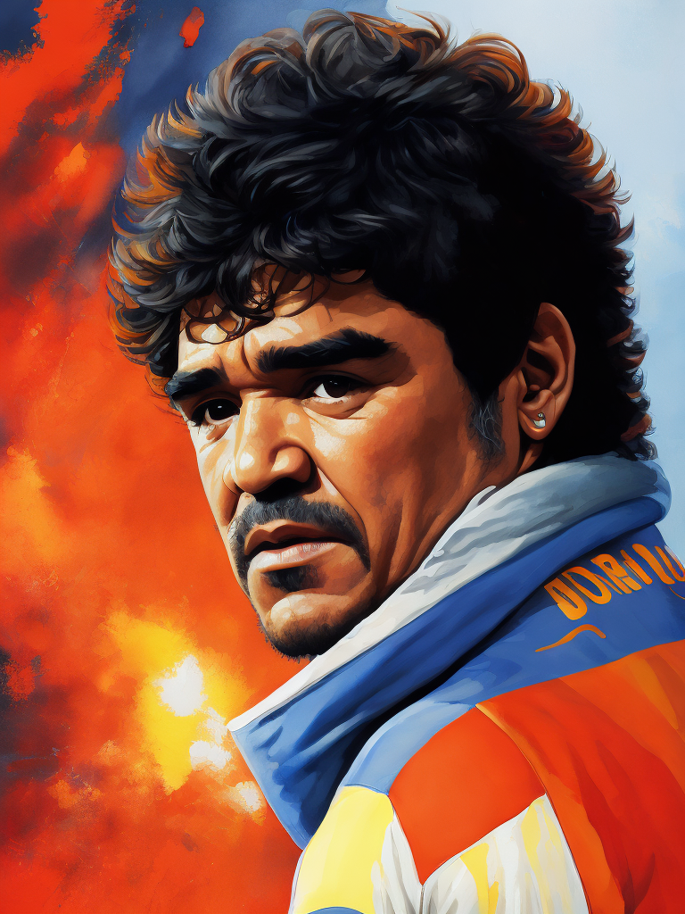 epic photo Diego Maradona, style of Edwin Georgi, Painting, Oil, Gouache, Watercolor, Portrait