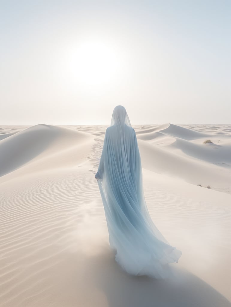view from behind(((ethereal misty blue cloaked woman figure))), clad in light tones, advancing through a (((dunescape))) under a (rising sun), with (vast, silvery sand dunes) reflecting an otherworldly light around its surroundings, abstract art
