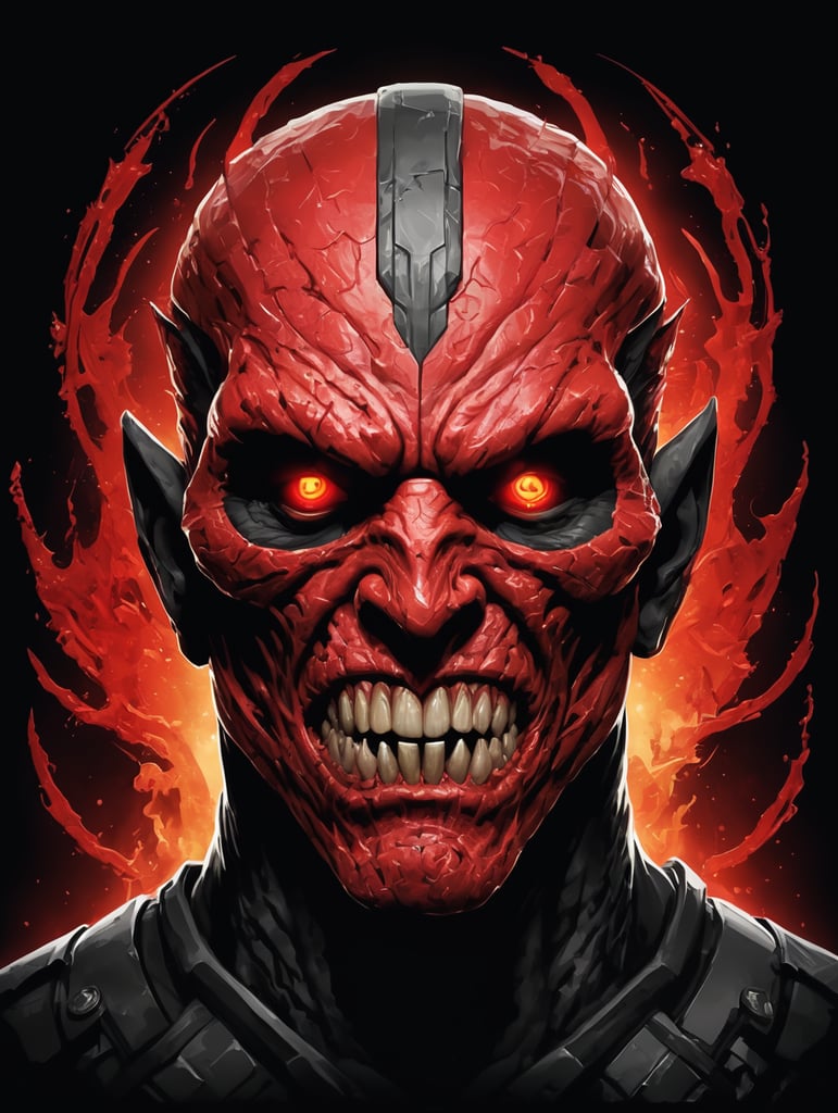 Gaming Logo. Create the image of a disfigured mutant being, inspired by the cover, and mutant de arca albums, red in color, with the appearance of varnished paint. On black background.vector image