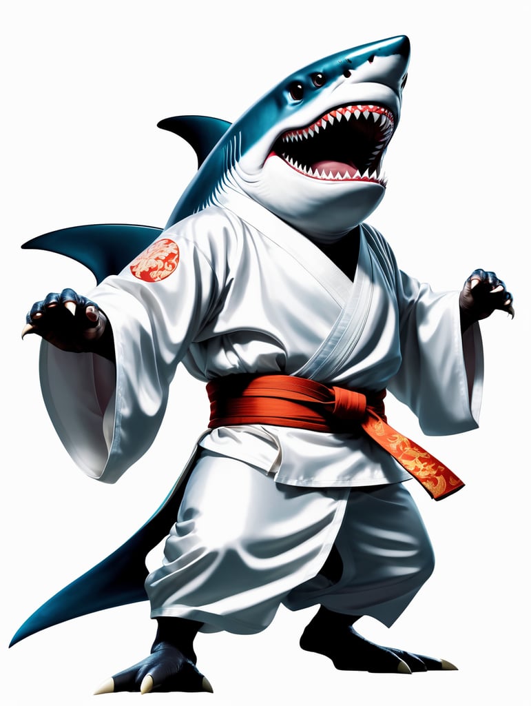To humanoidalny rekin, ubrany w jedwabiste kimono judo, stojący w walecznej pozycji z groźną miną na białym tle