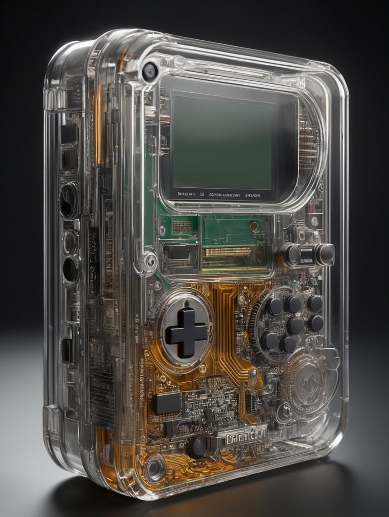 A see through polycarbonate game boy designed by dieter rams. industrial design inspiration. unreal engine render, natural lighting, on desk, beautiful shot