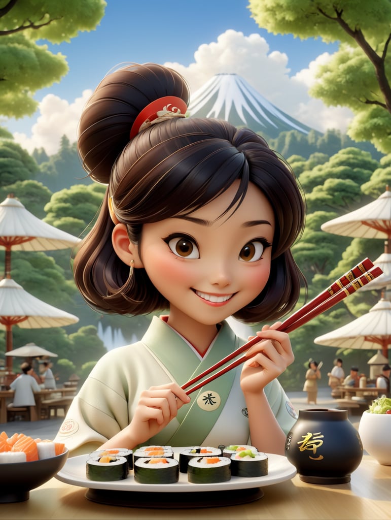 Create an image from a Pixar movie poster where a young and happy Japanese woman is holding sushi with chopsticks. The background might have a white restaurant with lots of trees around it.