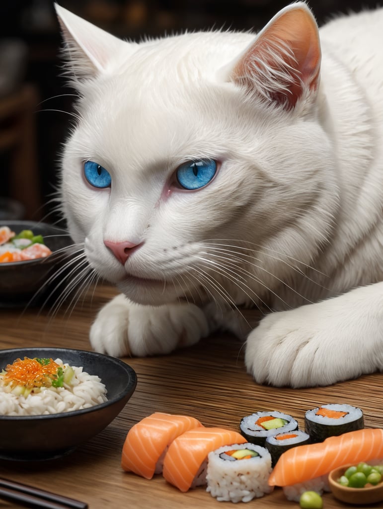 white cat with blue eyes eats delicious sushi