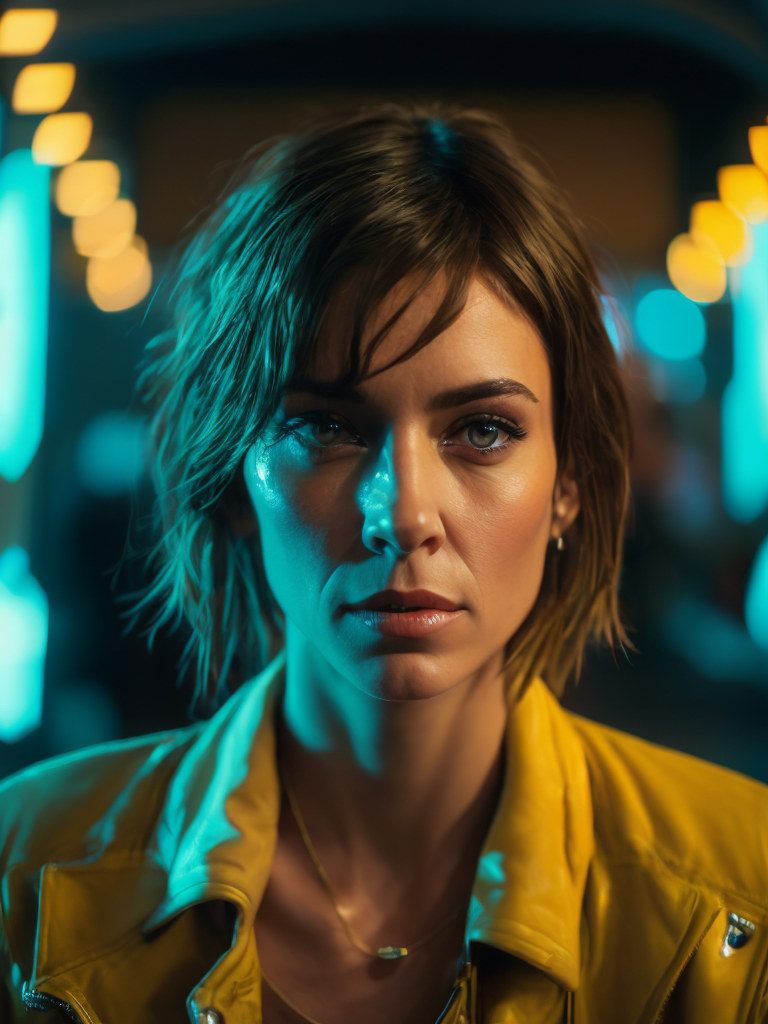 a women looks on the camera, yellow side lighting, focused gaze, canon 50 lens, focus on the face everything else is in blur, the blade runner scene.