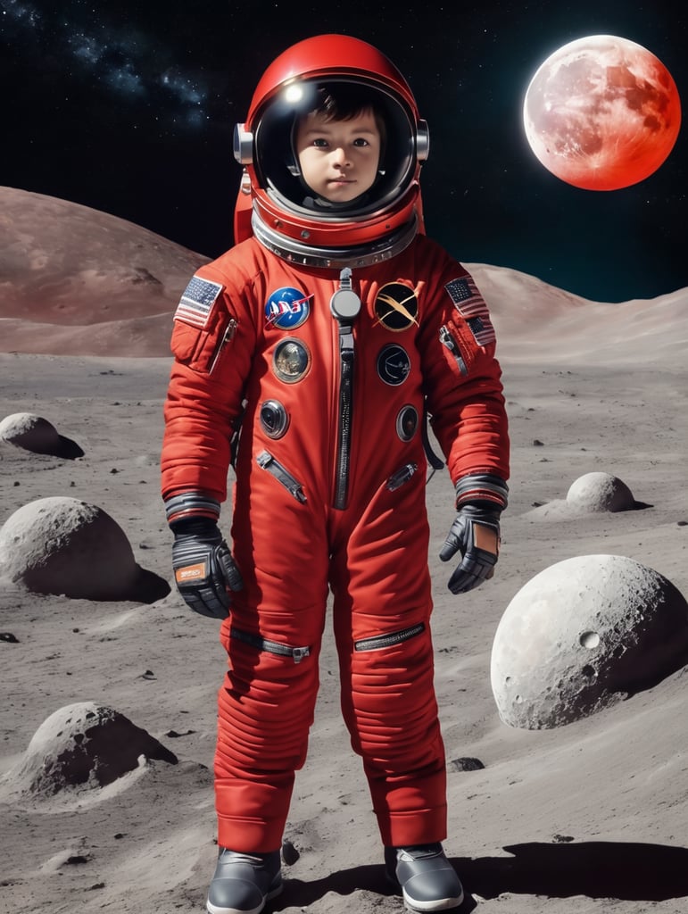 pre teen boy in red space suit standing on small moon in outer space.