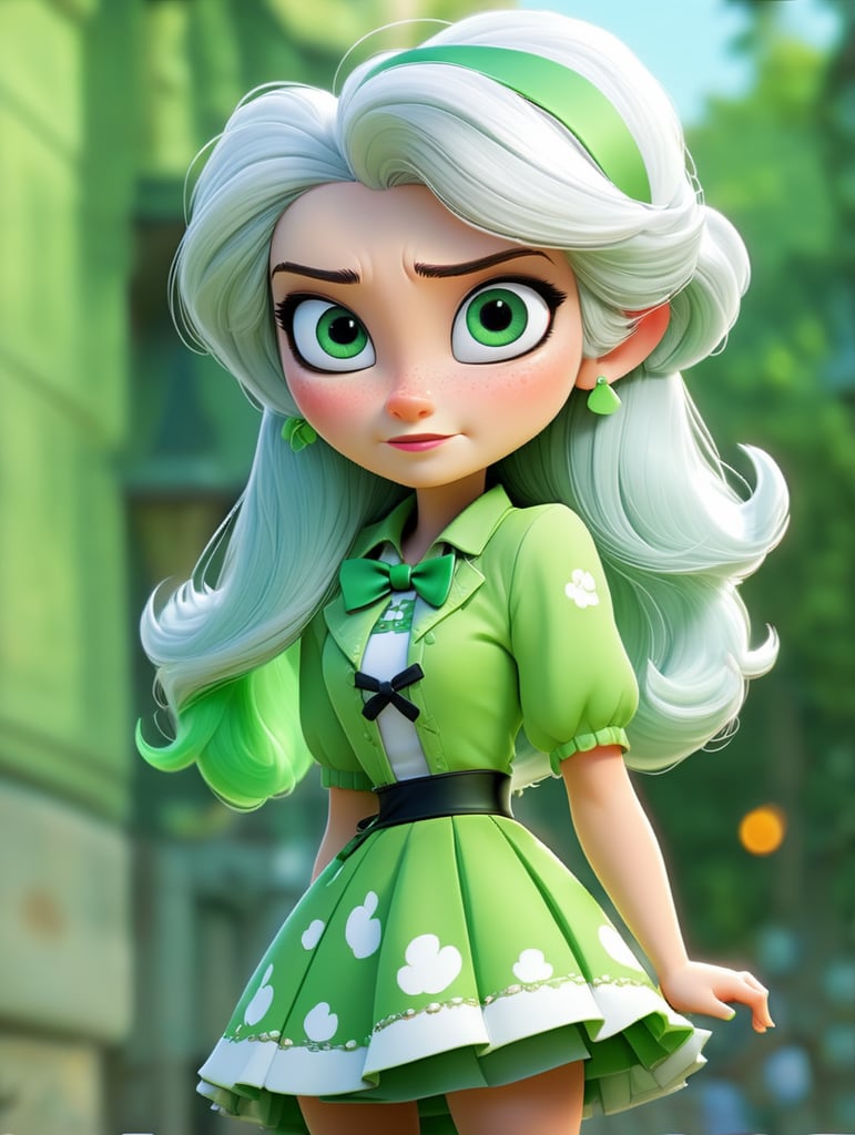 Green and white hair. Anime girl. Green and white dress. Miniskirt. Green eyes. Wear green ribbon. Wear white bang.