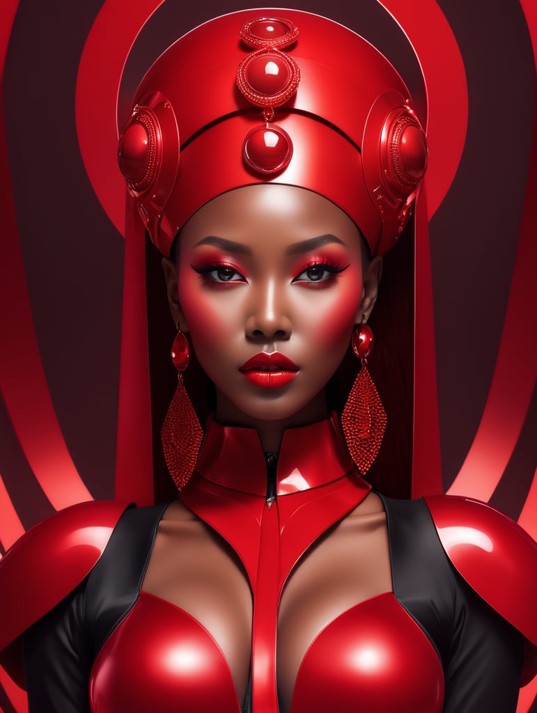 A dark skin black female kpop idol in a all red sleek futuristic outfit, with huge headpiece center piece, clean makeup with oversized red hair, with depth of field, fantastical edgy and regal themed outfit, captured in vivid colors, embodying the essence of fantasy, minimalist