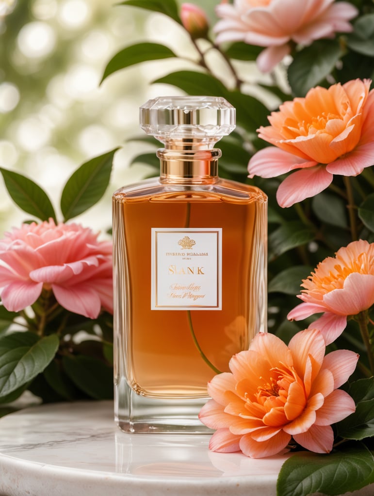 Luxury perfume bottle with blanc label, snak next to the bottle, floral background, pink and orange flowers