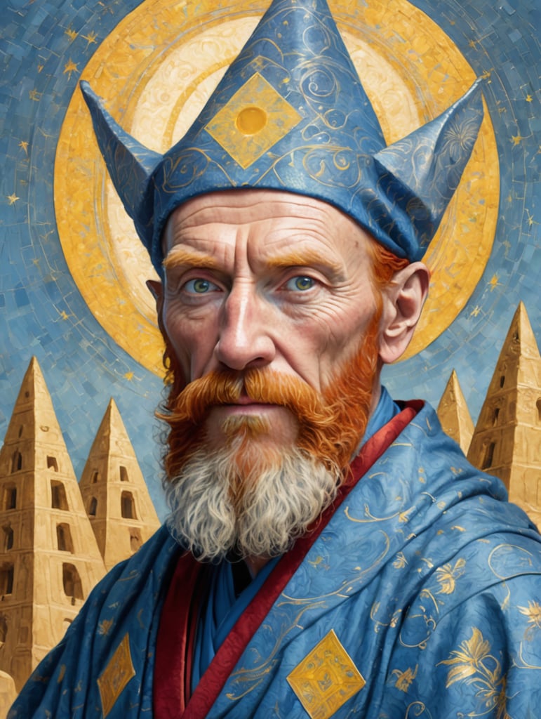 Good looking middle-aged wizard with only one ear, expressive red hair, reminiscent of Vincent Van Gogh. He wears a flowing blue robe adorned with intricate silver patterns that shimmer faintly. His yellow eyes are bright and intense, reflecting wisdom and eccentricity. The background might be a summerian blue pyramid.