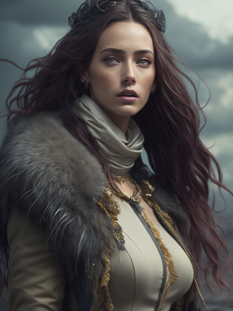 draw the girl is a model, standing tall, dressed in a fur coat, a colorful fur coat, flowers are depicted on the fur coat, a scarf on her head, an elegant pose, blue sky, summer, smears of oil paint, muted color, grain, Joe Madureira's Masterpiece inspired by Magali Villeneuve, Ann Stokes, Luis Royo and WLOP, 8k Ultra HD. --s 250