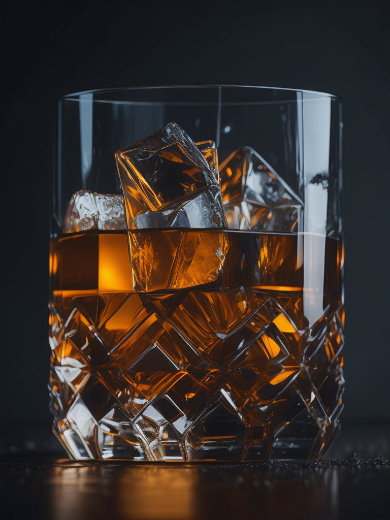 glass of whisky with ice cubes, dark atmosphere, professional photo, amber lights