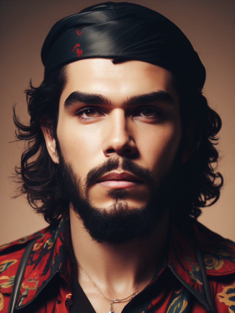 Portrait of Ernesto Guevara, known as Che Guevara, bright saturated colors, elegant, highly detailed, vogue, fashion magazine, sharp focus, bright expressive makeup, dramatic lighting, depth of field, incredibly detailed, blurred background