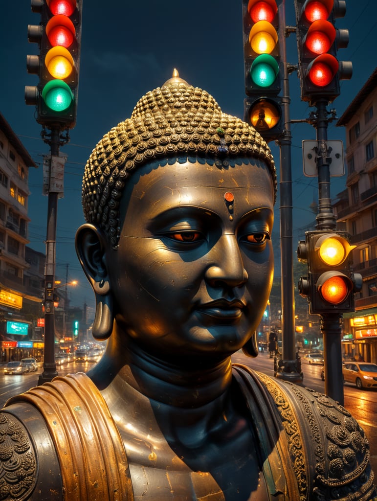 Create a statue of the Buddha sitting and in front of his eyes a traffic light in the foreground of the photo