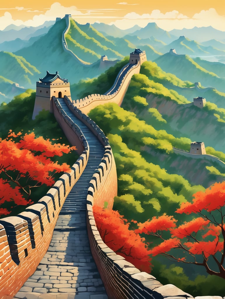 Detailed, vibrant illustration of the Great Wall of China, vivid and vibrant colors, well-detailed, summer, sunny day, realistic and beautiful illustration, style Matisse.