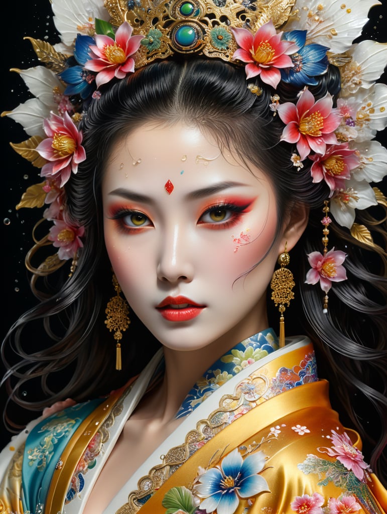 Kabuki Makeup. stunningly beautiful Japanese geisha covered in tiny flowers, waterdrops, filigree, highly detailed, intricately embellished white dragon kimono, colorful fantasy, Josephine Wall, elegant detailed fantasy, digital art, 32k, octane, splash of color, multicolored, intricately detailed fluid gouache painting, Jean Baptiste Mongue, ink flow, calligraphy acrylic chinese ink color art, gold, hyper realistic, oil painting, cyberpunk, long hair, hyper realistic, large beautiful eyes, long eyelashes