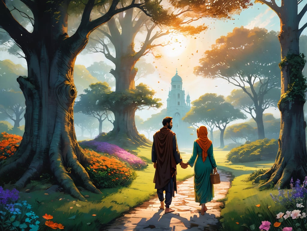 In a serene, sunlit garden, muslim couple stand beneath a towering oak tree. They face each other, holding hands, their eyes filled with deep affection. Around them, vibrant flowers and lush greenery symbolize growth and life. On the ground, an open Bible rests, its pages gently rustling in the breeze. This one frame scene encapsulates a love story rooted in faith, where love and spirituality intertwine, giving strength and depth to their connection.