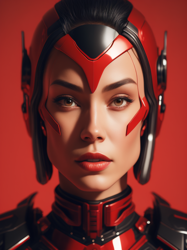 Portrait of an android girl made of red glossy material, sharp highlights, red background, Vivid saturated colors, Contrast color