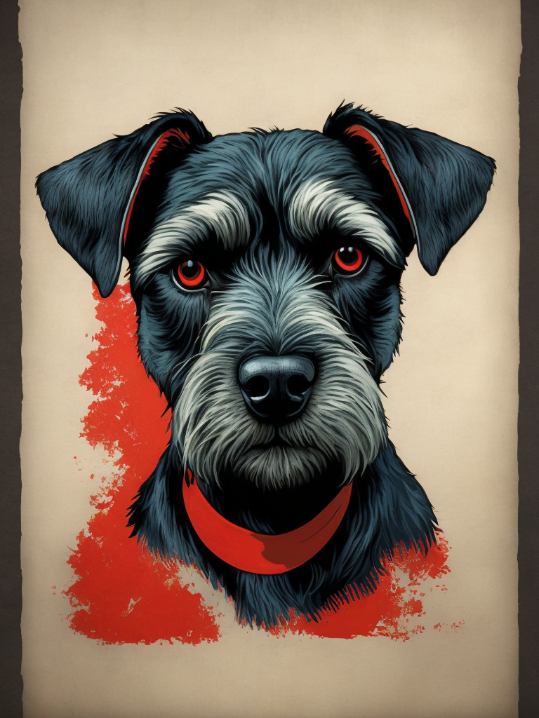 Schnauzer dog in the style of a woodblock print, black, red, faded blue
