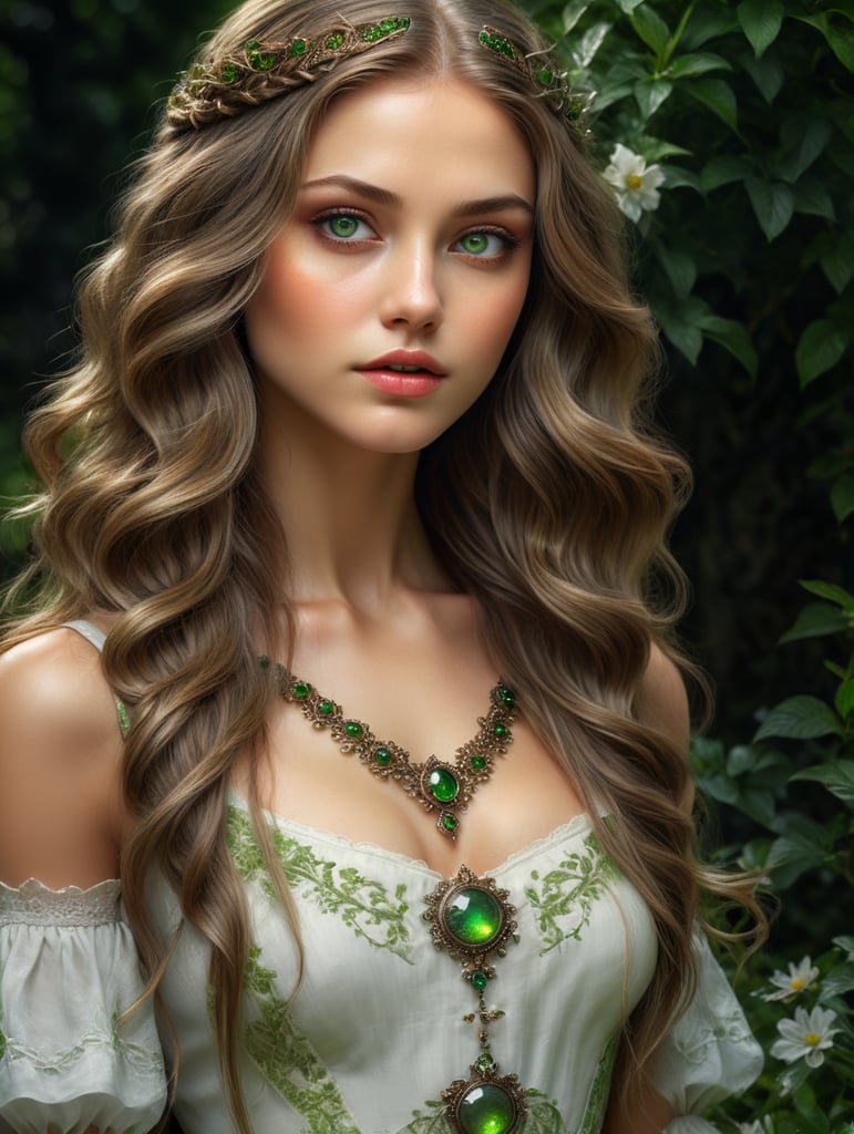 بنت عيونها خضو شعرها طويل جميله ورقيقه خلفه حديقة