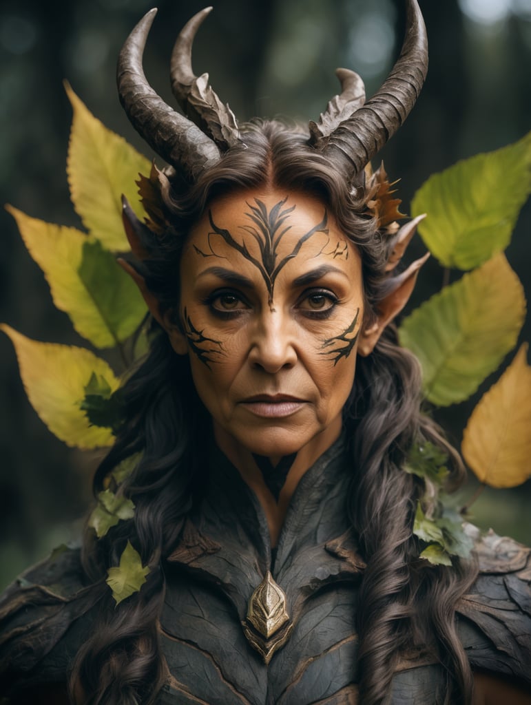 Ultrafine portrait of an old female faun, with a skin made of wood, looking at the camera, front view, with short and curve horns on her head, leaves on its hair, god of nature, sharp details,inspired by poison ivy from Batman,