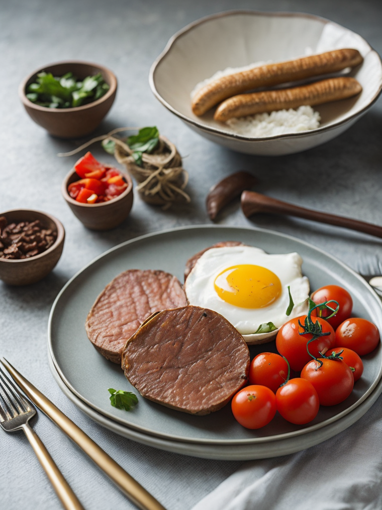 Завтрак из колбасы на тарелке жаренная колбаса яйцо и помидоры в заднем фоне полукопченая колбаса