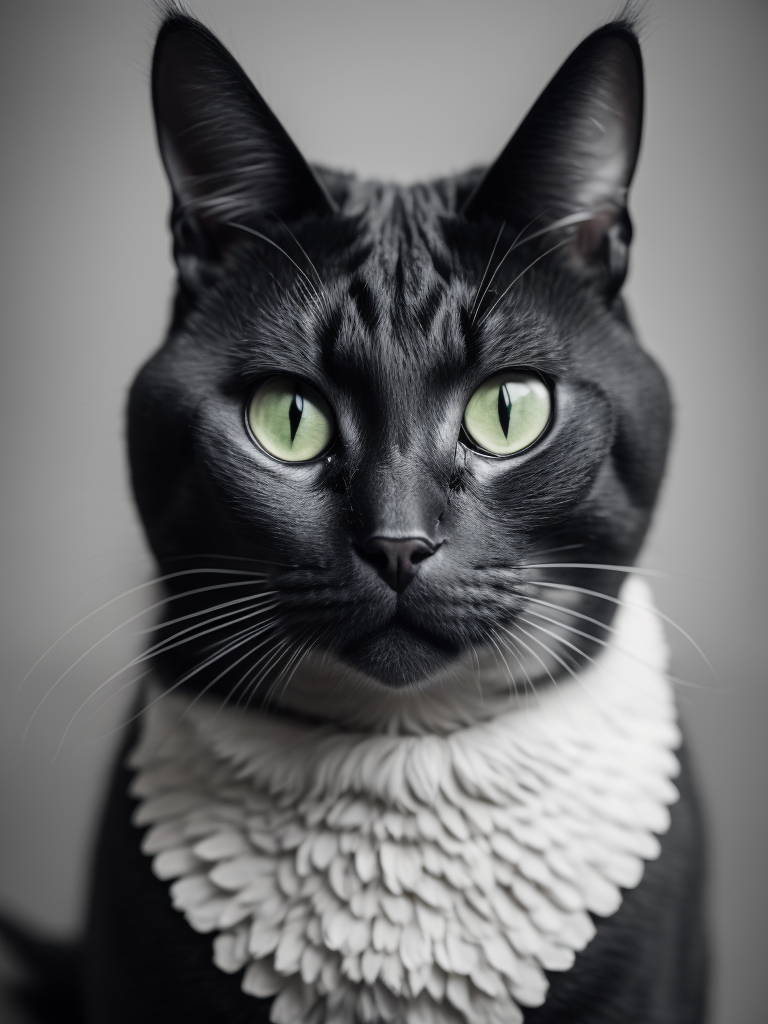 black and white cat, white bib, green eyes, short hair