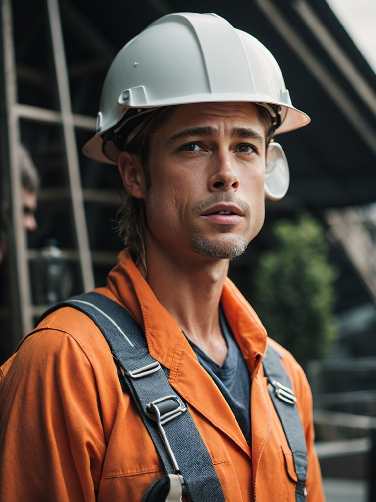 portrait of Brad Pitt as oil worker, wearing a white plastic helmet and orange robe