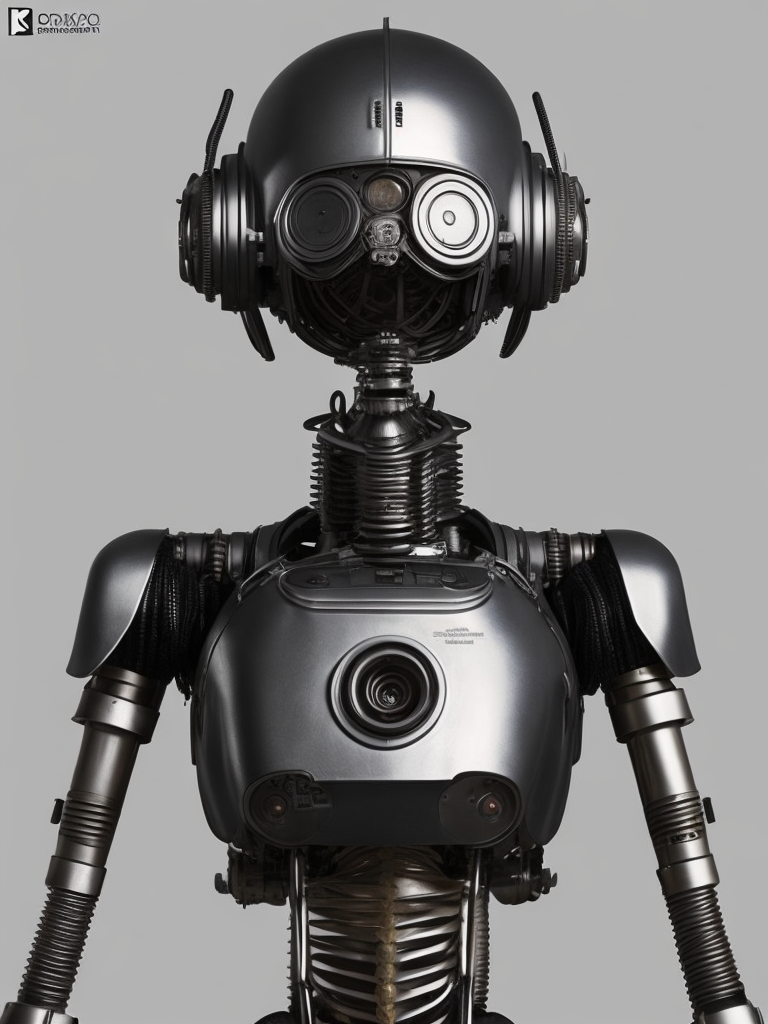 K-2SO, in the style of mechanical realism, iconic album covers, pencilsteampunk, angelcore, detailed facial features, chrome-plated, undefined anatomy