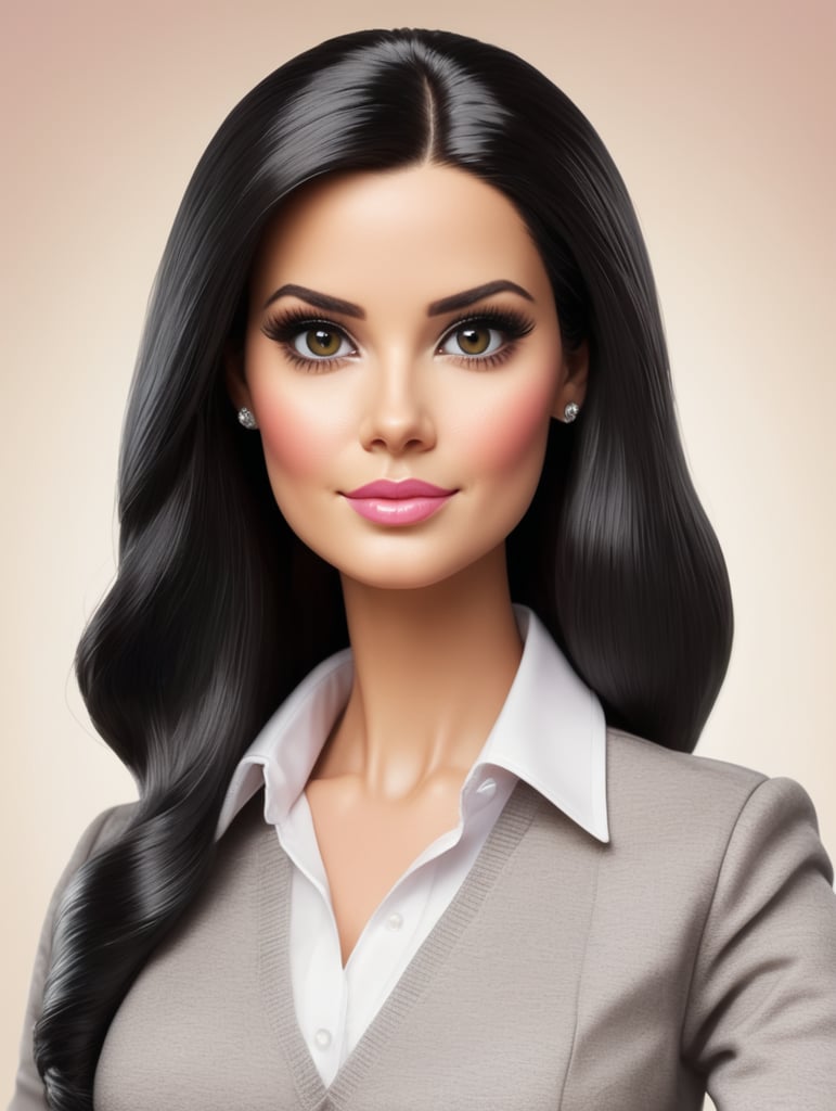 Drawing of an adult Barbie teacher, oval face with thick body, white skin, straight black hair, black eyes